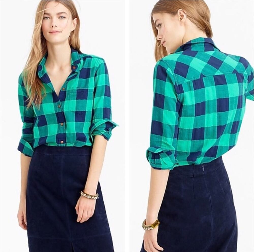J. Crew Shrunken Boy Shirt in Emerald Buffalo Check E4912 Size 0